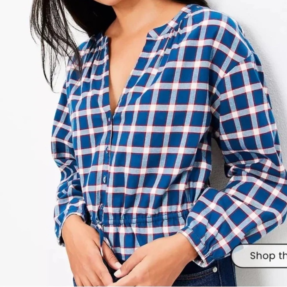 LOFT 💙 Plaid Button Top Blue Medium NWT